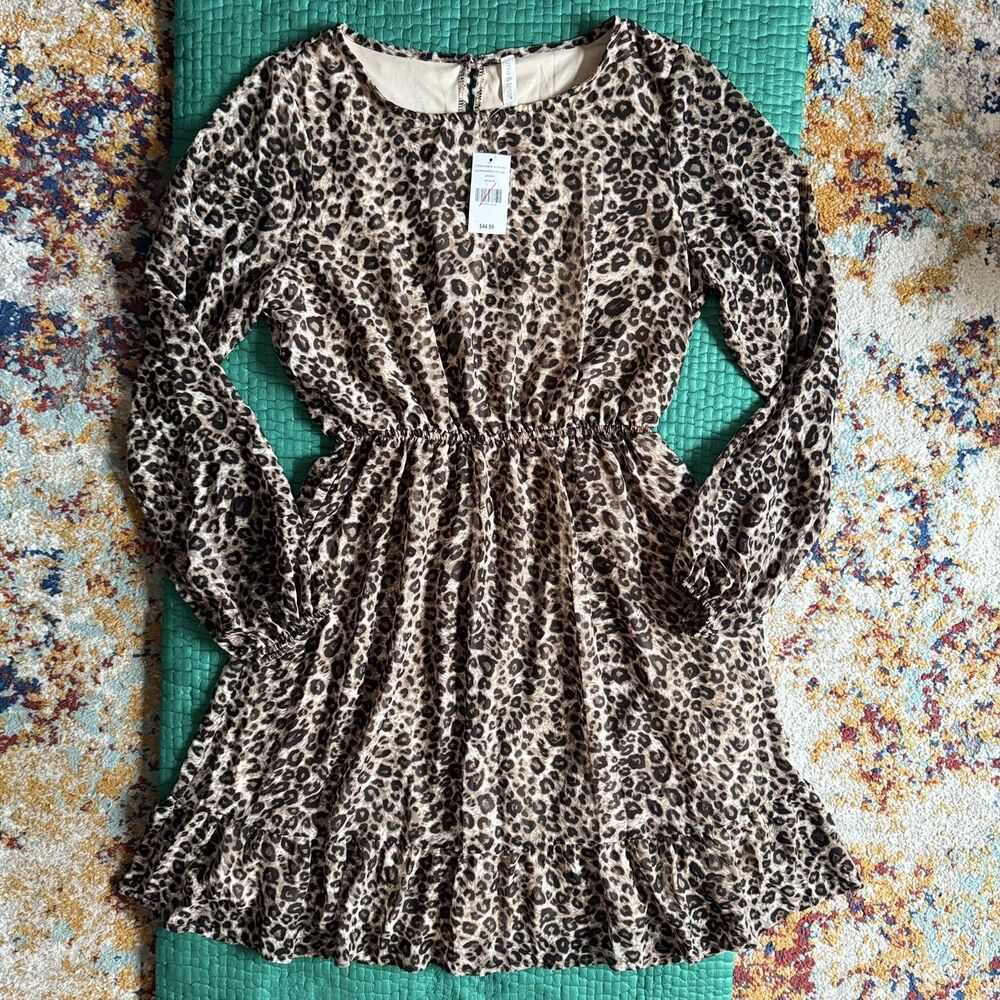 NEW NWT Mia & Tess Leopard Long Sleeve Dress M Babydoll Cute Lined Fall Trendy